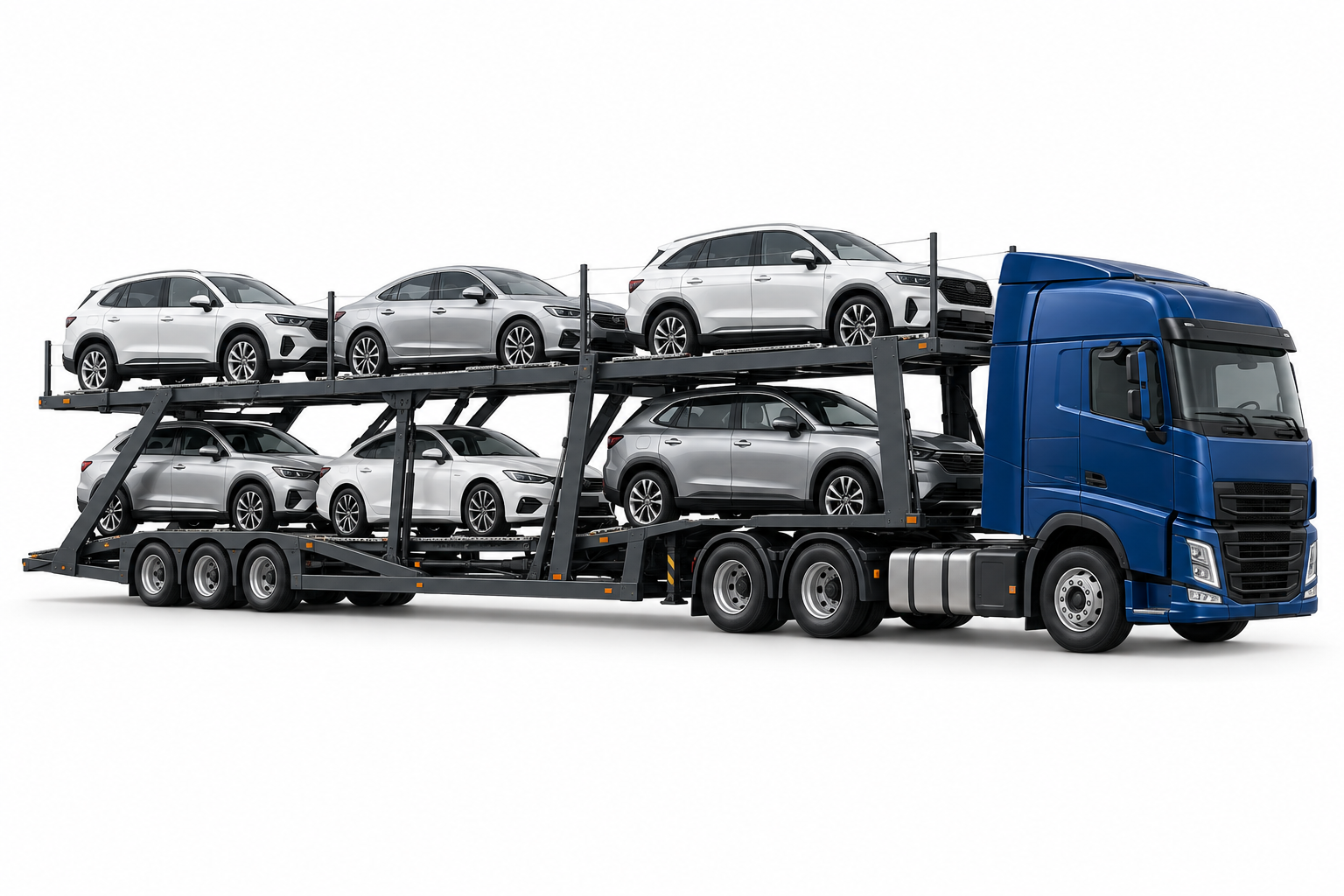 Conceptual studio illustration of a car carrier loaded with passenger vehicles