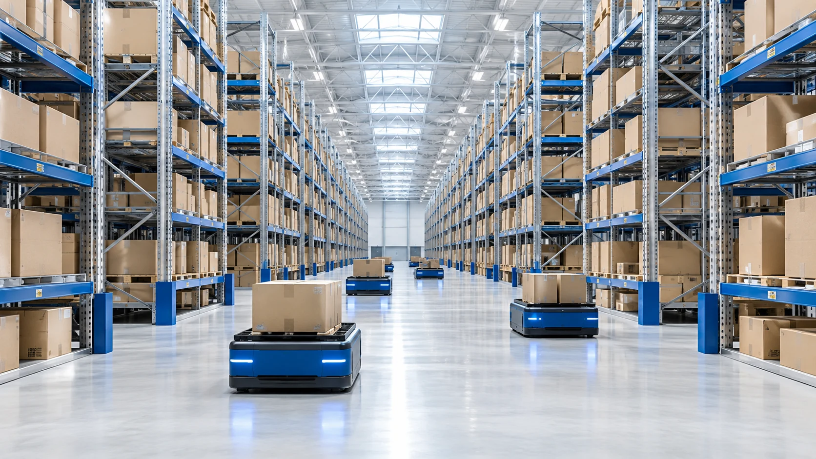 Concept image of a modern warehouse with automated parcel robots